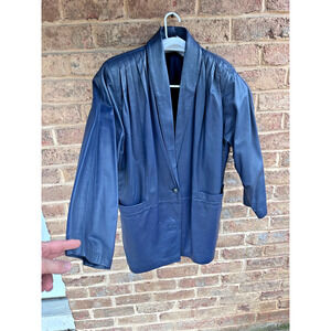 VTG 80s BALLY Italy Cobalt Blue Soft Leather Jacket Pleated Shoulder Coat Sz 8